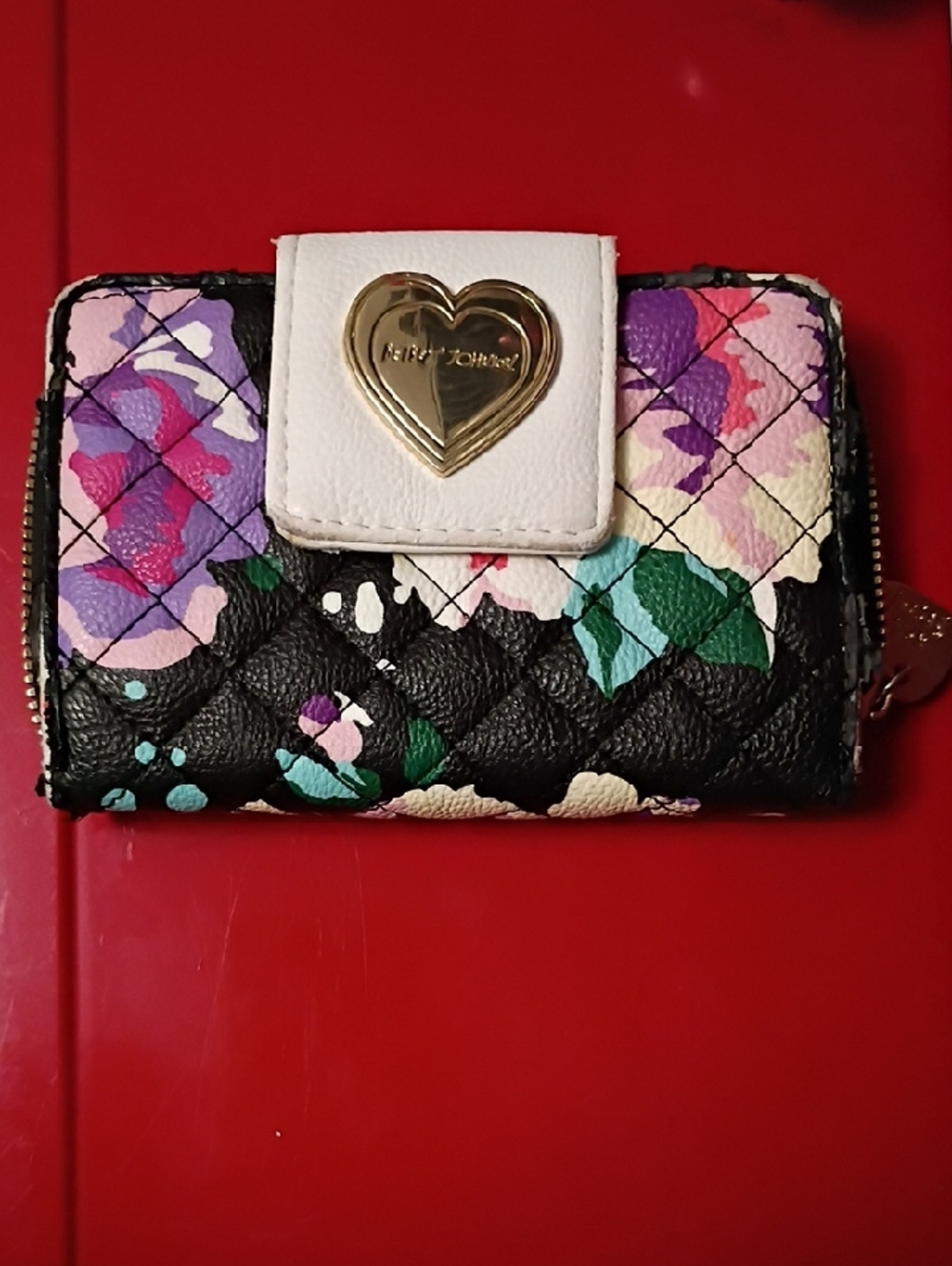 Betsey Johnson Black Floral Quilted Wallet with White Heart Snap and Gold Accent